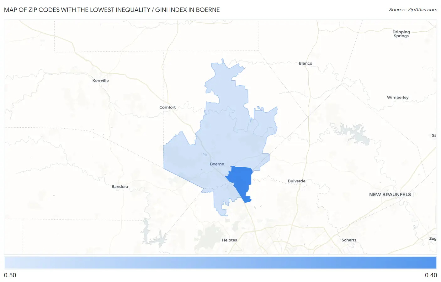 Zip Codes with the Lowest Inequality / Gini Index in Boerne Map