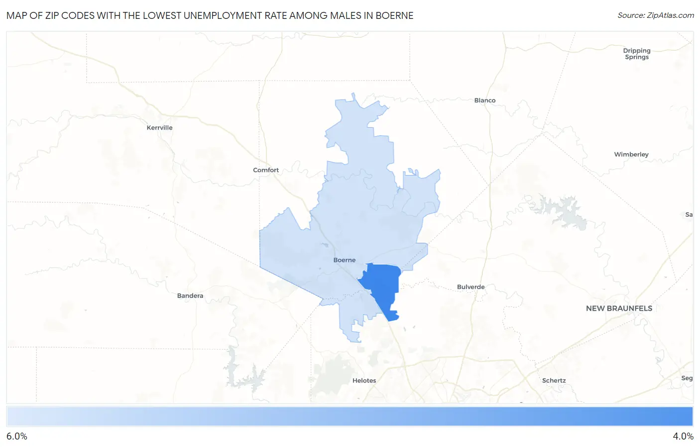 Zip Codes with the Lowest Unemployment Rate Among Males in Boerne Map