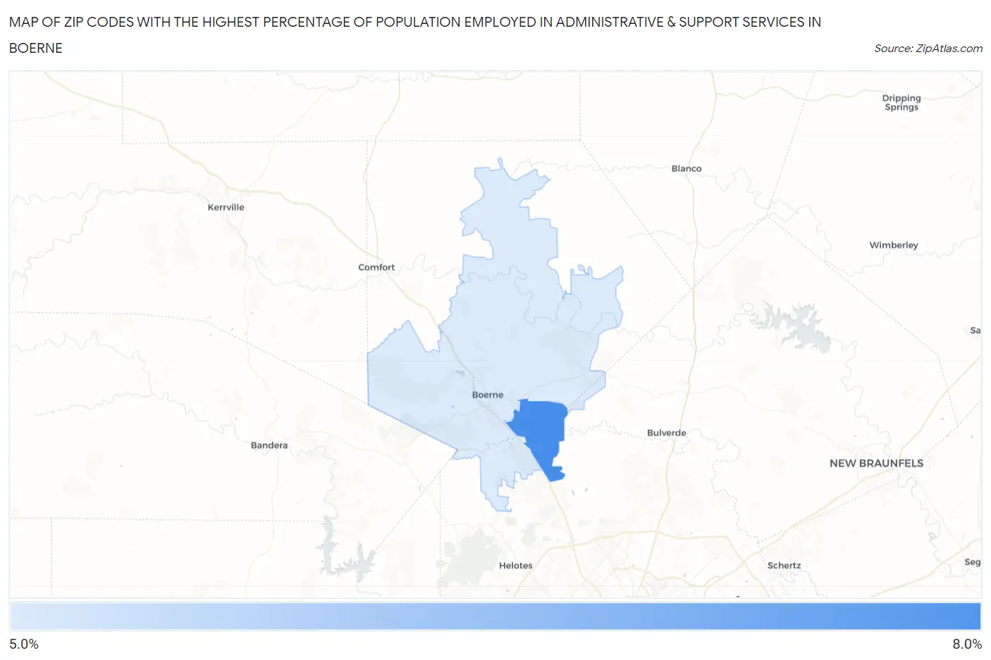Zip Codes with the Highest Percentage of Population Employed in Administrative & Support Services in Boerne Map