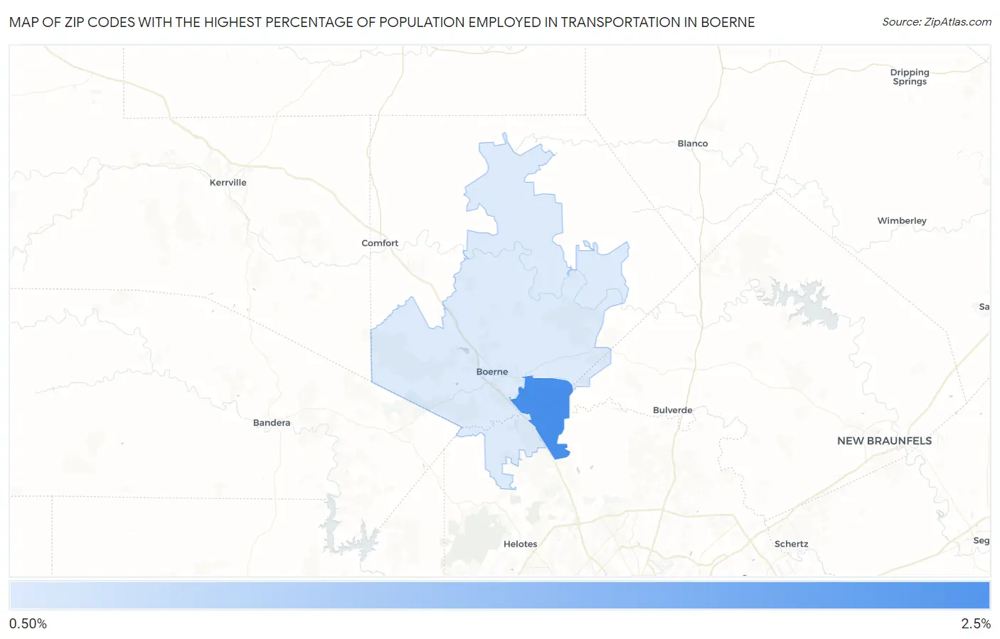 Zip Codes with the Highest Percentage of Population Employed in Transportation in Boerne Map