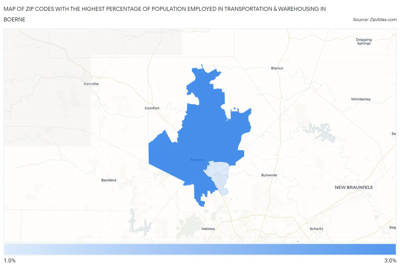 Zip Codes with the Highest Percentage of Population Employed in Transportation & Warehousing in Boerne Map