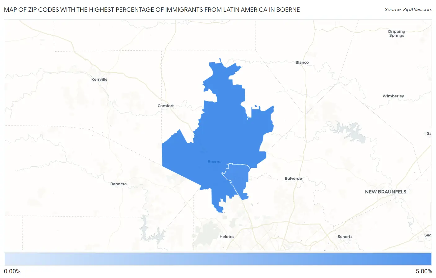 Zip Codes with the Highest Percentage of Immigrants from Latin America in Boerne Map