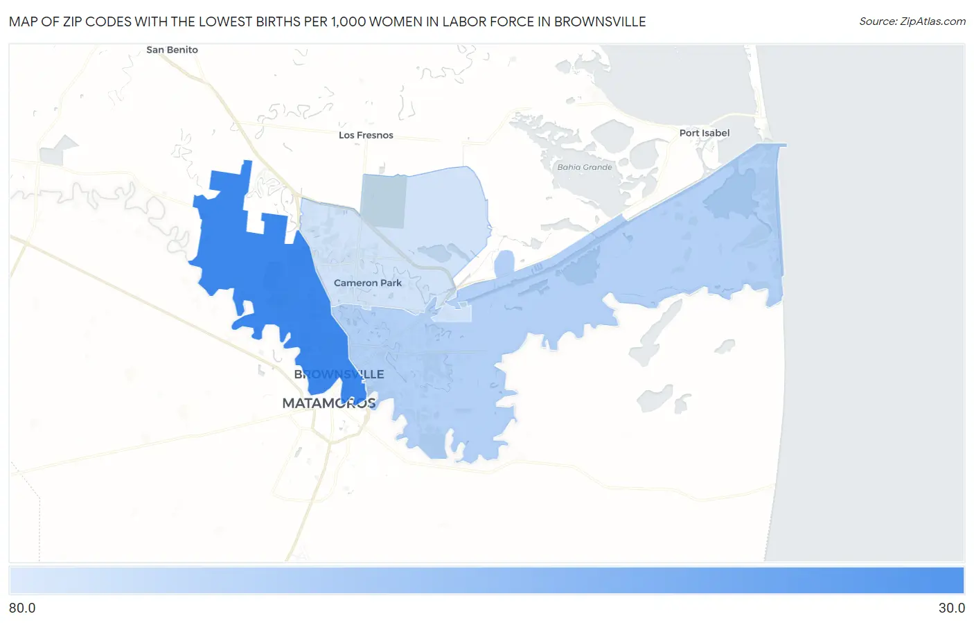 Zip Codes with the Lowest Births per 1,000 Women in Labor Force in Brownsville Map