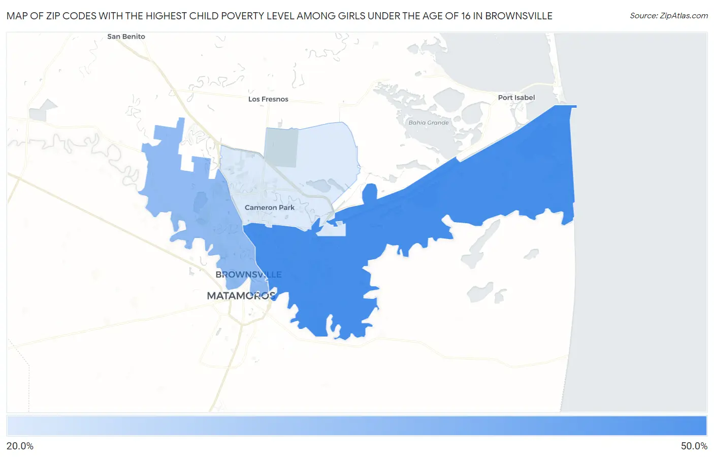 Zip Codes with the Highest Child Poverty Level Among Girls Under the Age of 16 in Brownsville Map