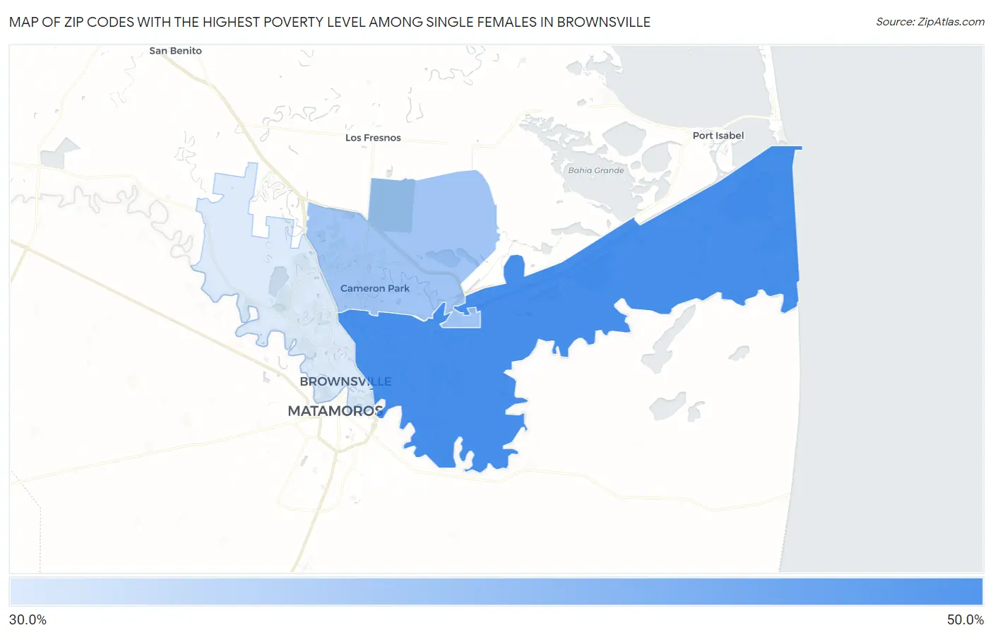Zip Codes with the Highest Poverty Level Among Single Females in Brownsville Map