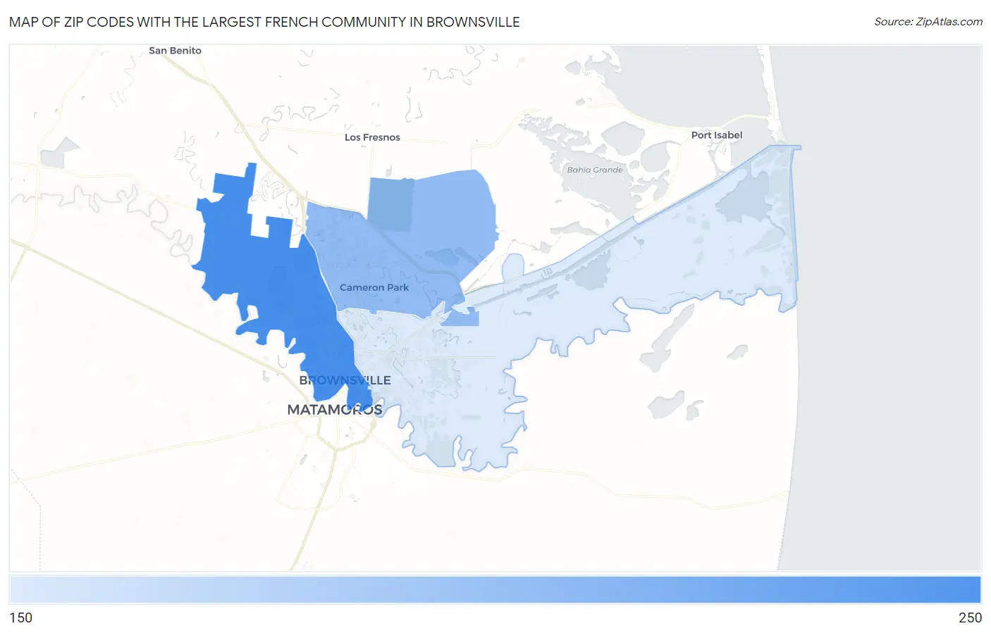 Zip Codes with the Largest French Community in Brownsville Map