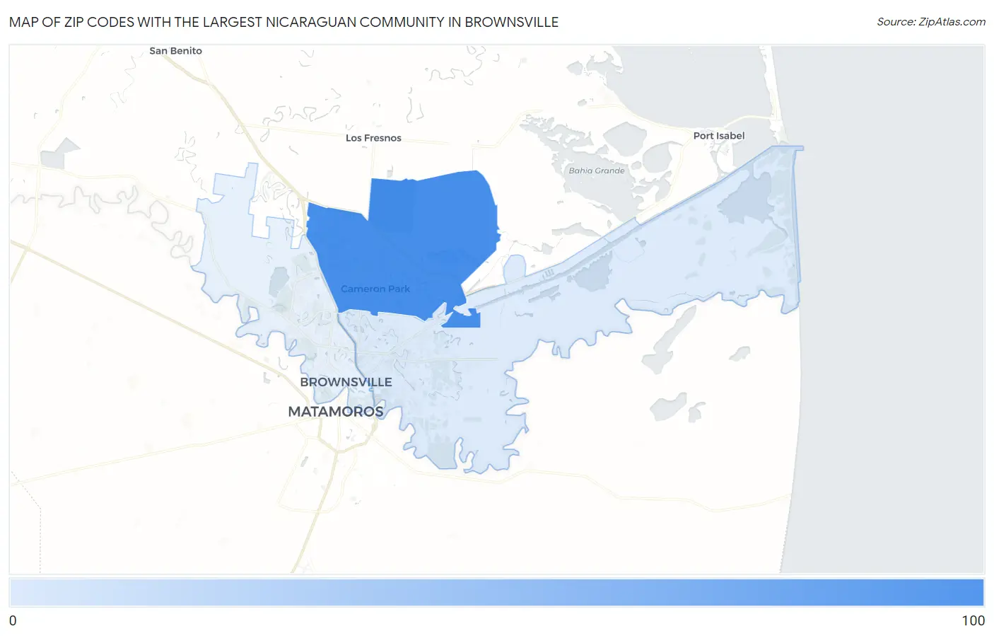 Zip Codes with the Largest Nicaraguan Community in Brownsville Map