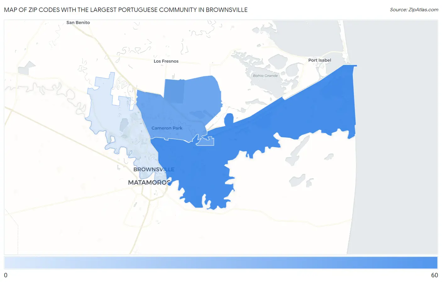 Zip Codes with the Largest Portuguese Community in Brownsville Map
