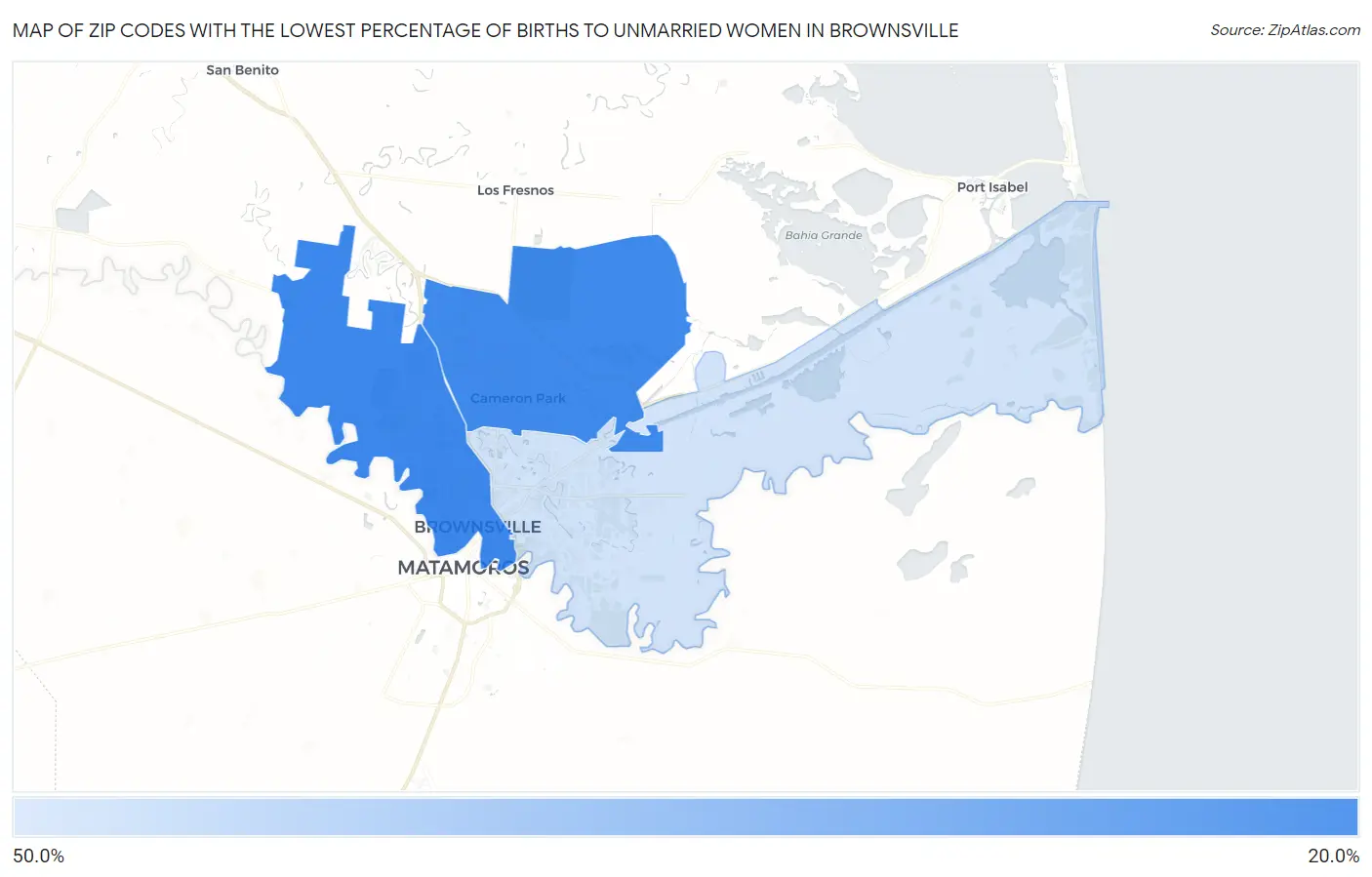 Zip Codes with the Lowest Percentage of Births to Unmarried Women in Brownsville Map