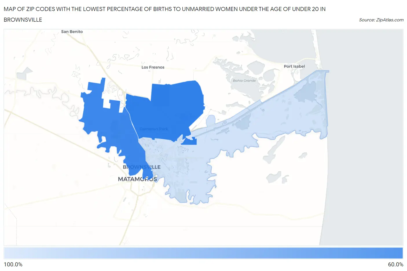Zip Codes with the Lowest Percentage of Births to Unmarried Women under the Age of under 20 in Brownsville Map
