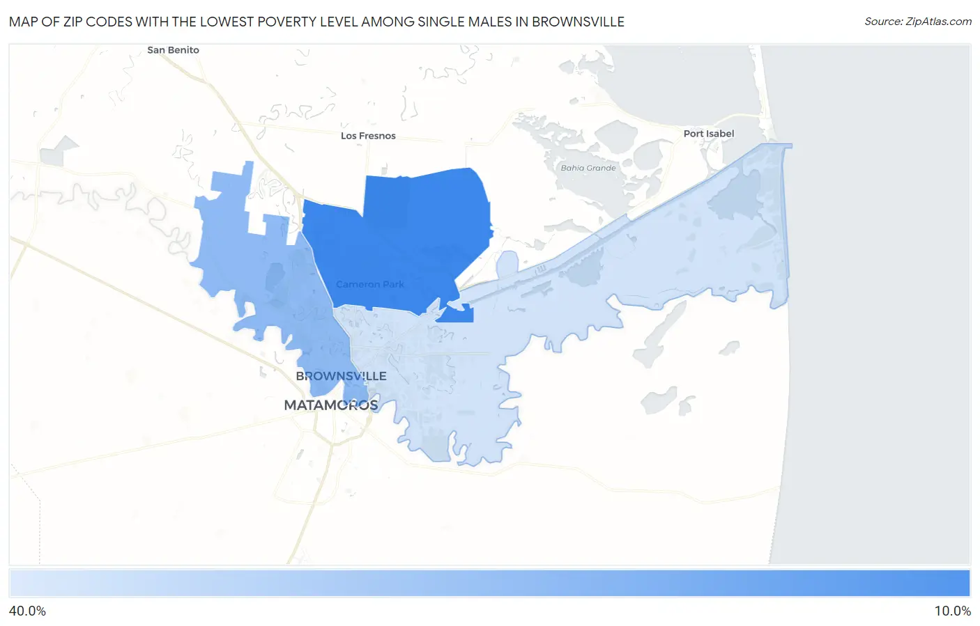 Zip Codes with the Lowest Poverty Level Among Single Males in Brownsville Map