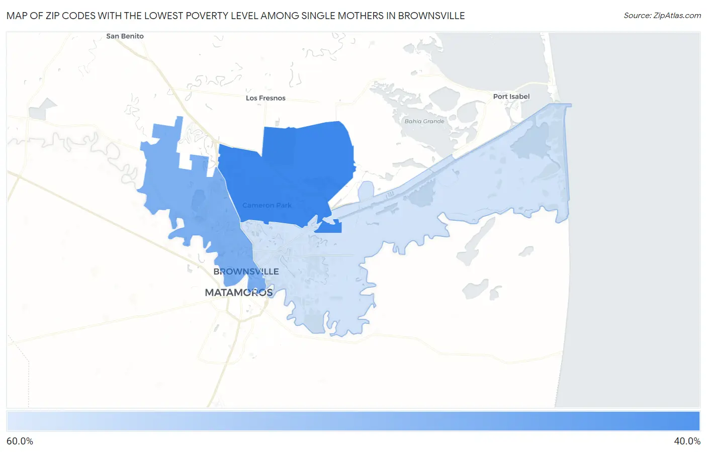 Zip Codes with the Lowest Poverty Level Among Single Mothers in Brownsville Map