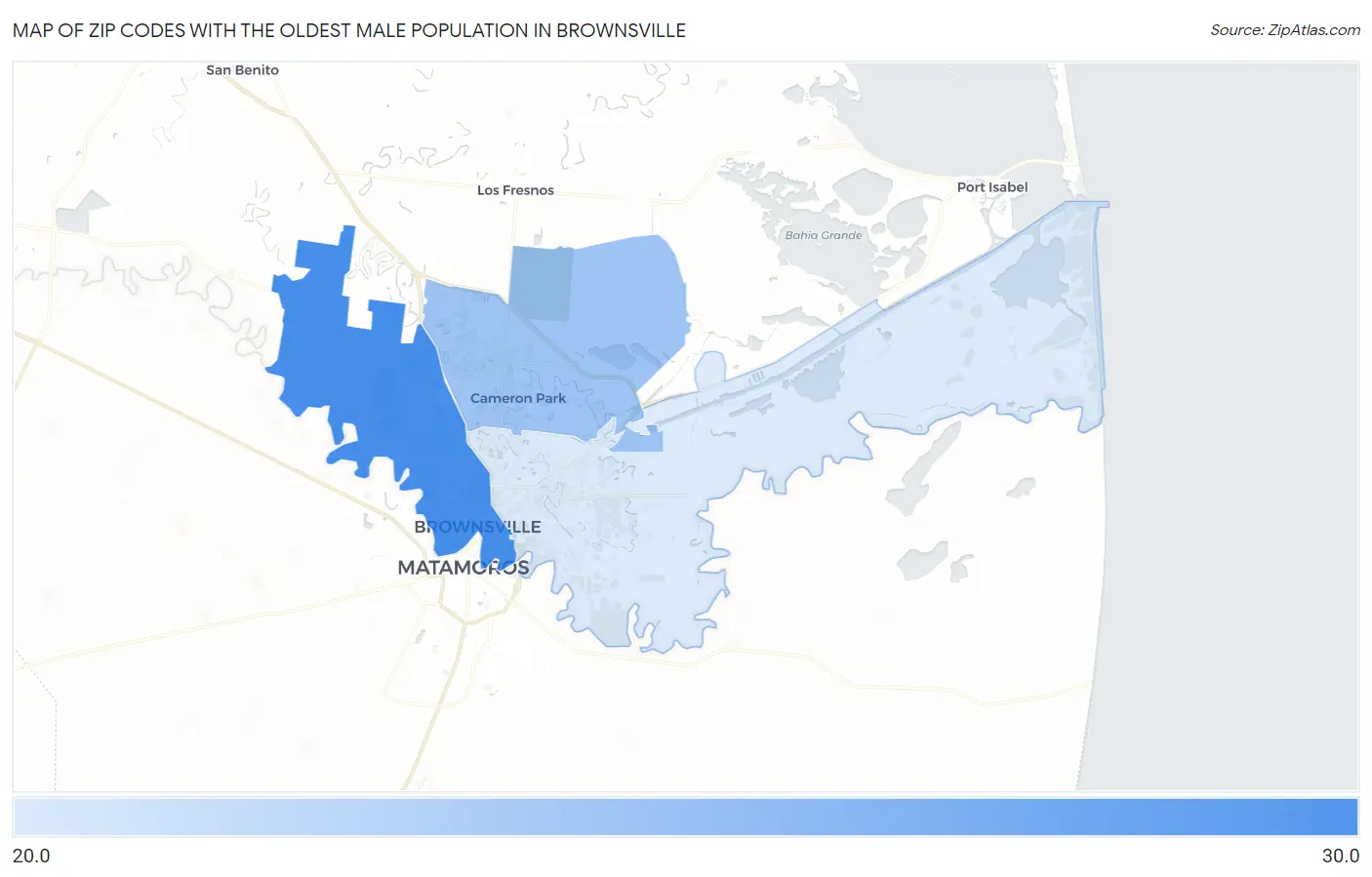 Zip Codes with the Oldest Male Population in Brownsville Map