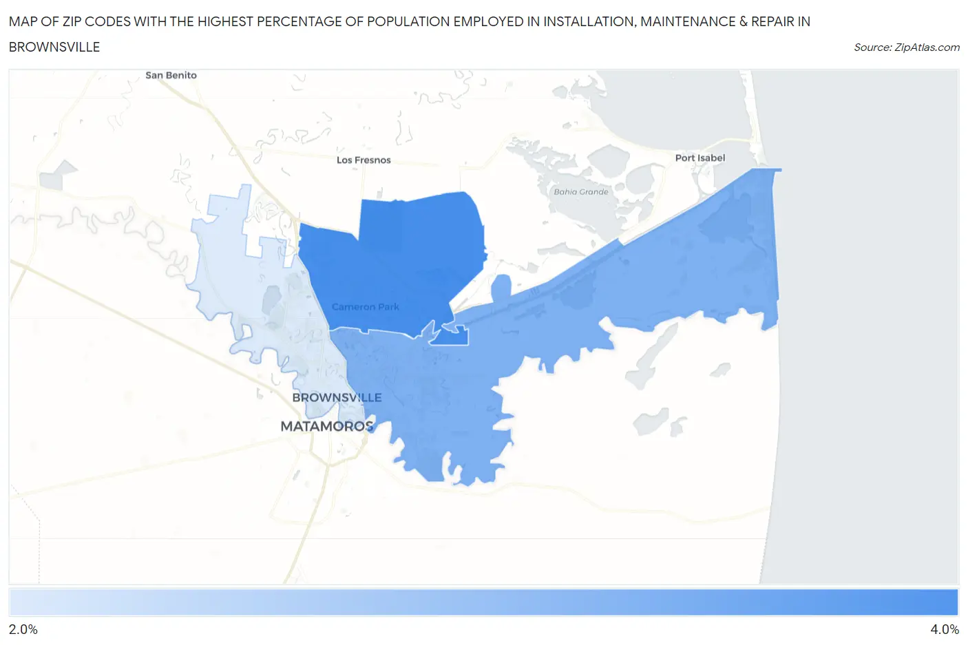 Zip Codes with the Highest Percentage of Population Employed in Installation, Maintenance & Repair in Brownsville Map