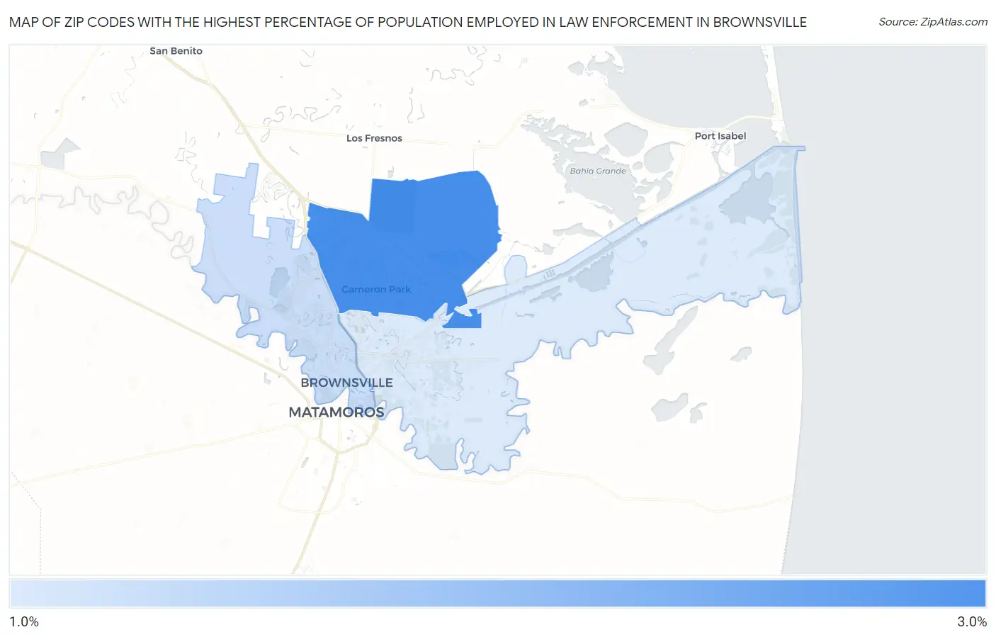 Zip Codes with the Highest Percentage of Population Employed in Law Enforcement in Brownsville Map