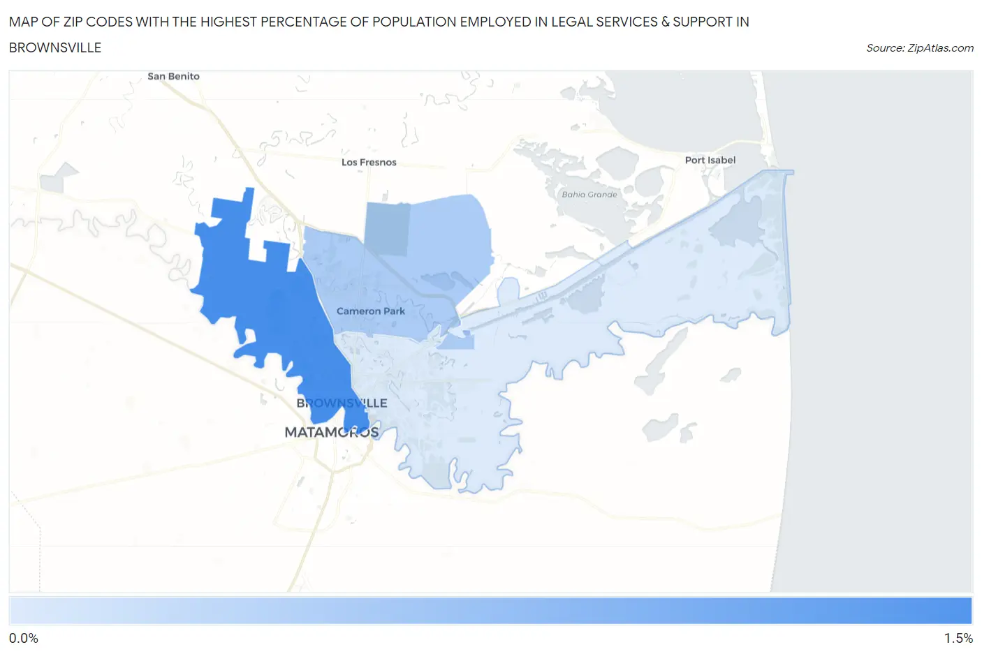 Zip Codes with the Highest Percentage of Population Employed in Legal Services & Support in Brownsville Map