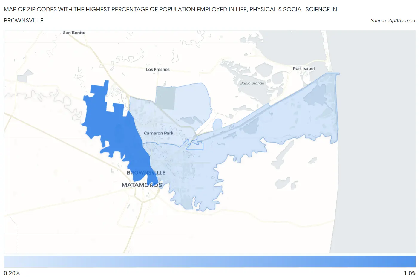 Zip Codes with the Highest Percentage of Population Employed in Life, Physical & Social Science in Brownsville Map