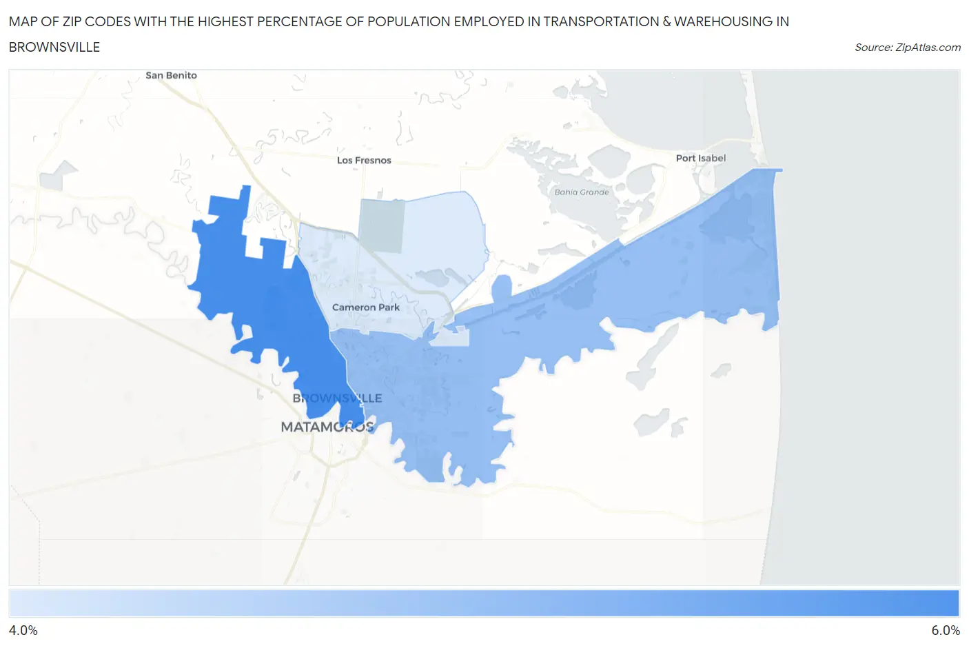 Zip Codes with the Highest Percentage of Population Employed in Transportation & Warehousing in Brownsville Map
