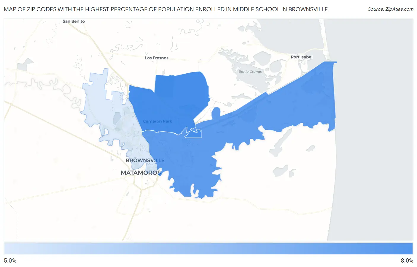 Zip Codes with the Highest Percentage of Population Enrolled in Middle School in Brownsville Map