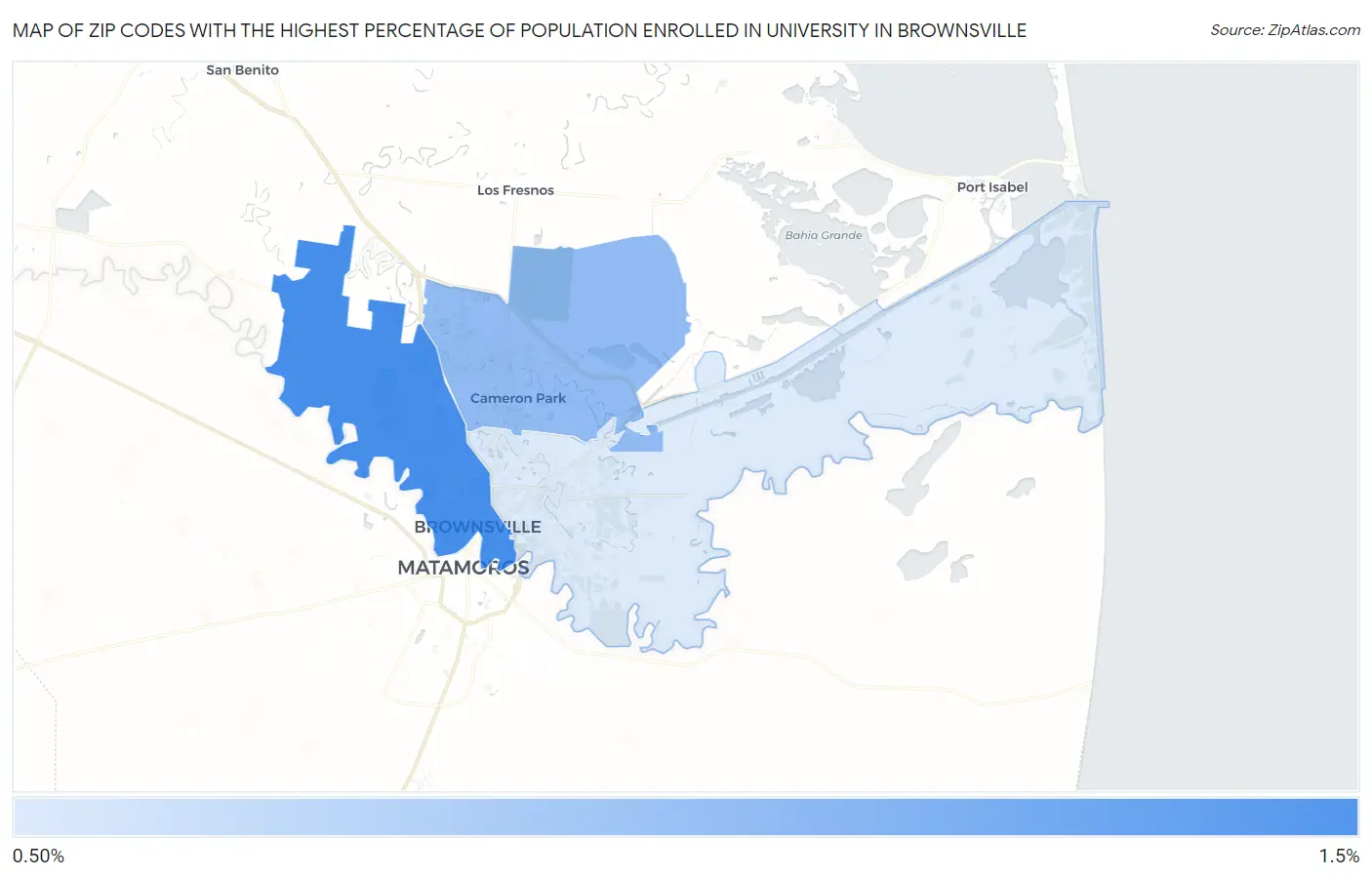 Zip Codes with the Highest Percentage of Population Enrolled in University in Brownsville Map