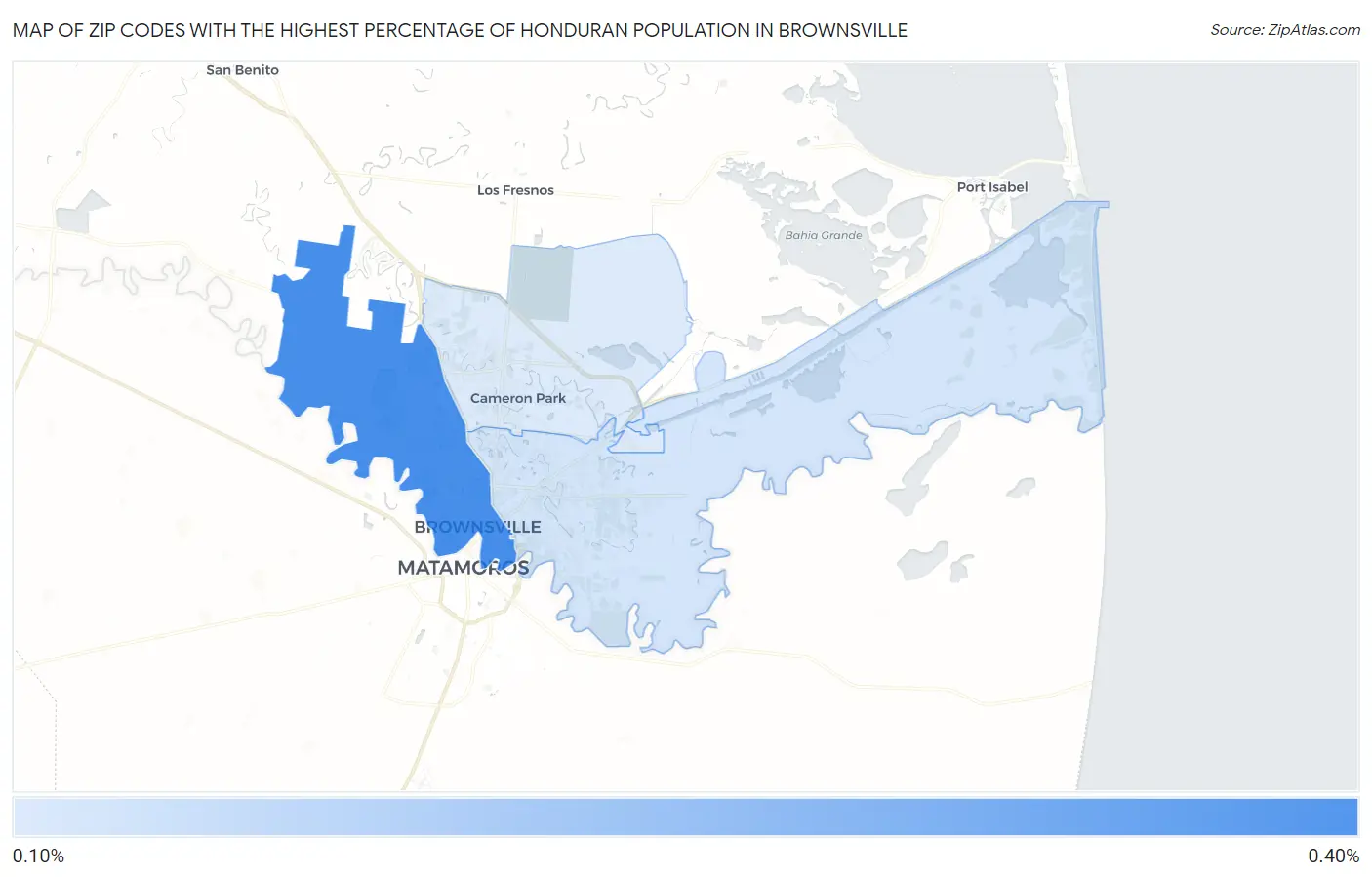 Zip Codes with the Highest Percentage of Honduran Population in Brownsville Map