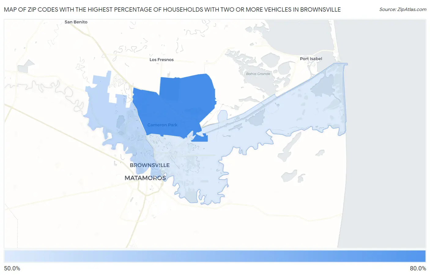 Zip Codes with the Highest Percentage of Households With Two or more Vehicles in Brownsville Map