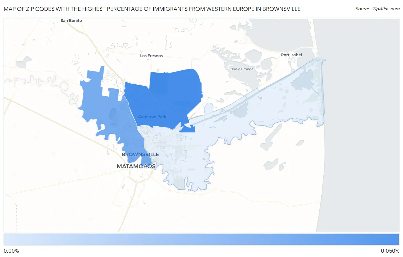 Zip Codes with the Highest Percentage of Immigrants from Western Europe in Brownsville Map