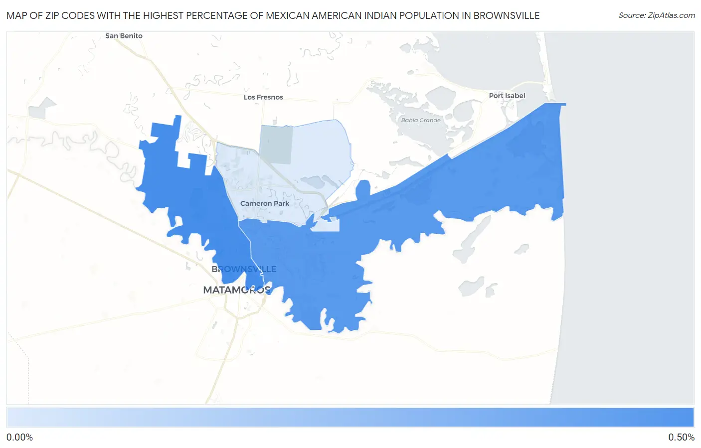 Zip Codes with the Highest Percentage of Mexican American Indian Population in Brownsville Map