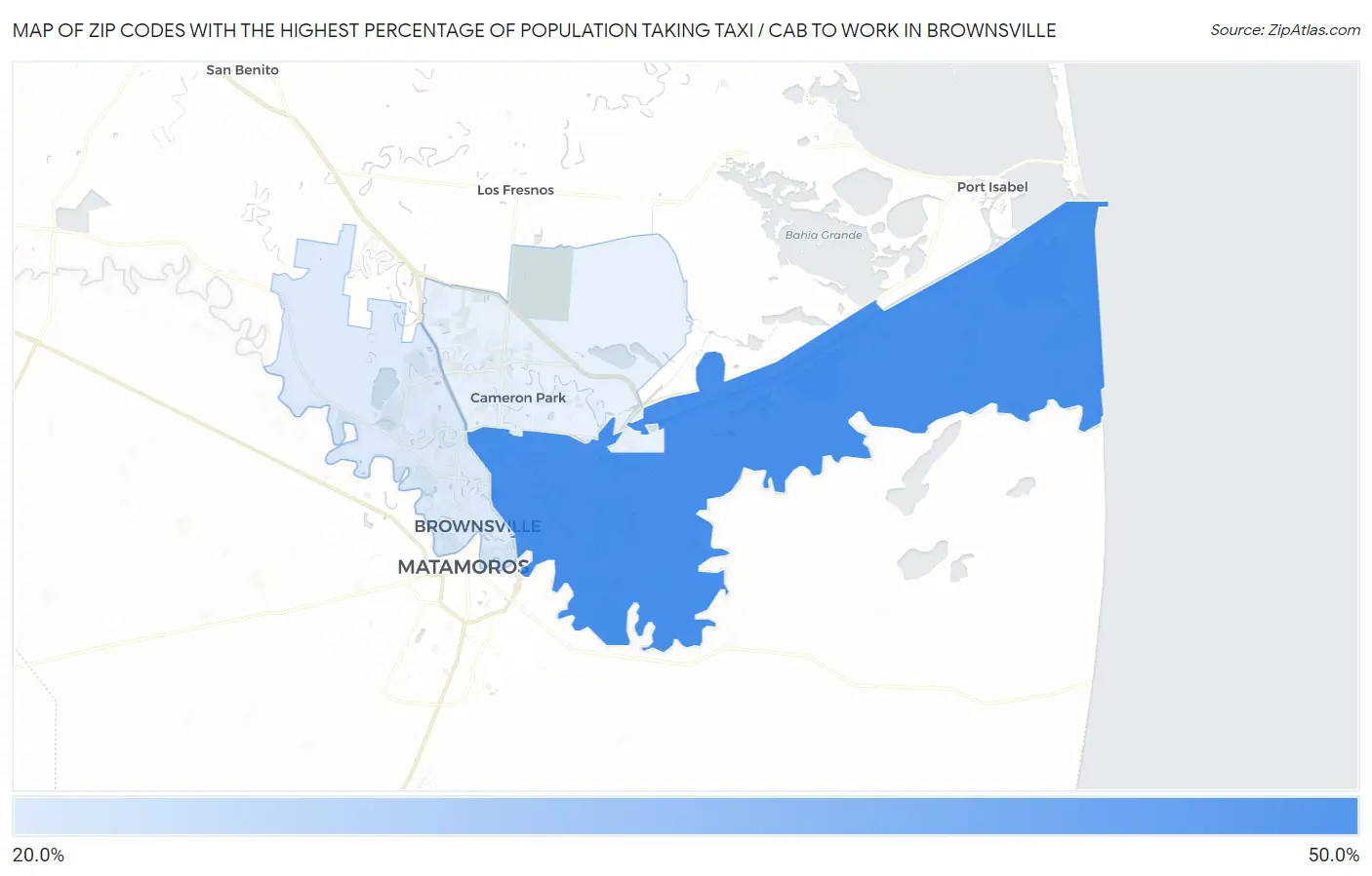 Zip Codes with the Highest Percentage of Population Taking Taxi / Cab to Work in Brownsville Map
