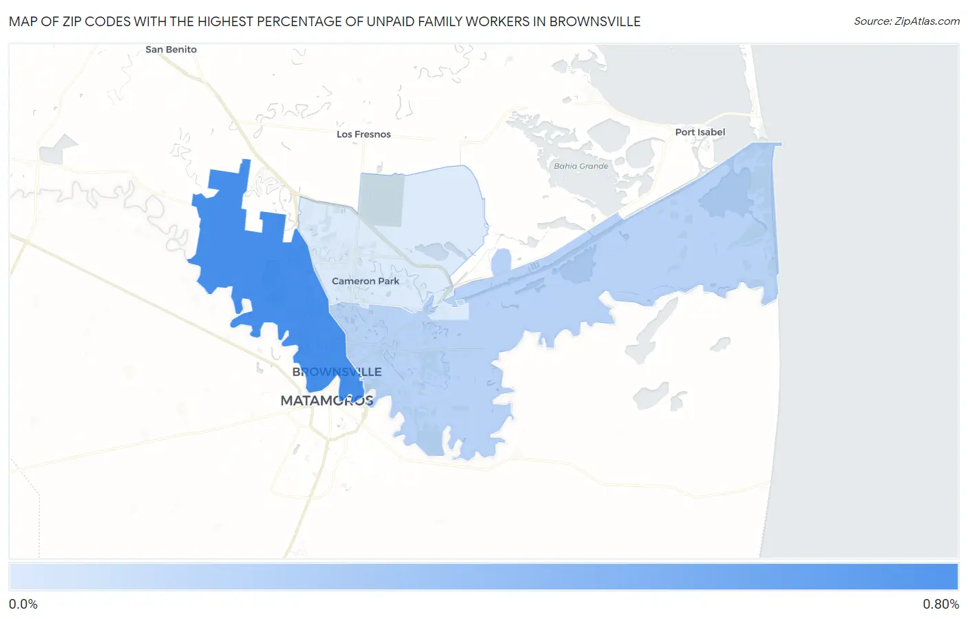 Zip Codes with the Highest Percentage of Unpaid Family Workers in Brownsville Map