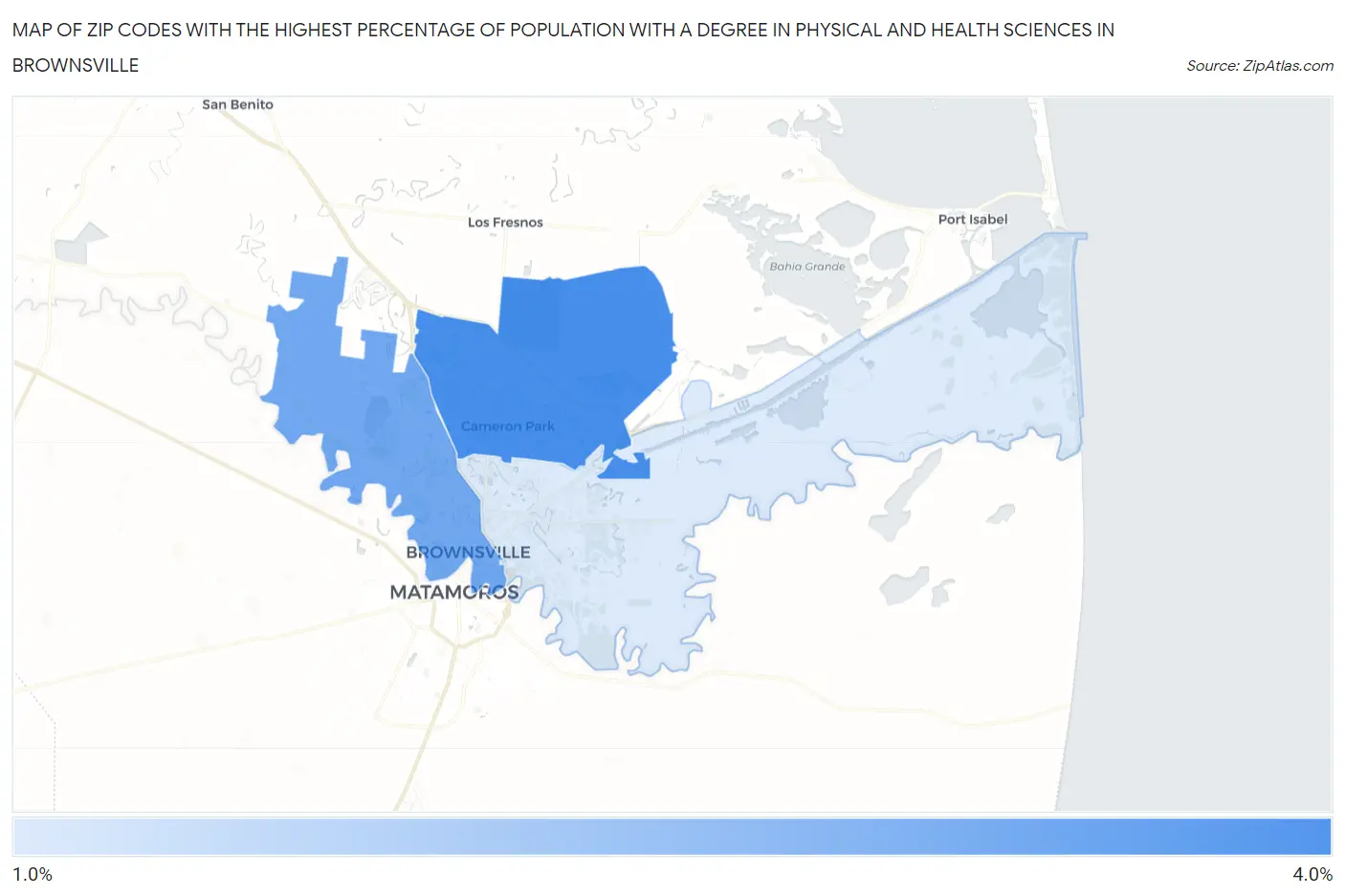 Zip Codes with the Highest Percentage of Population with a Degree in Physical and Health Sciences in Brownsville Map