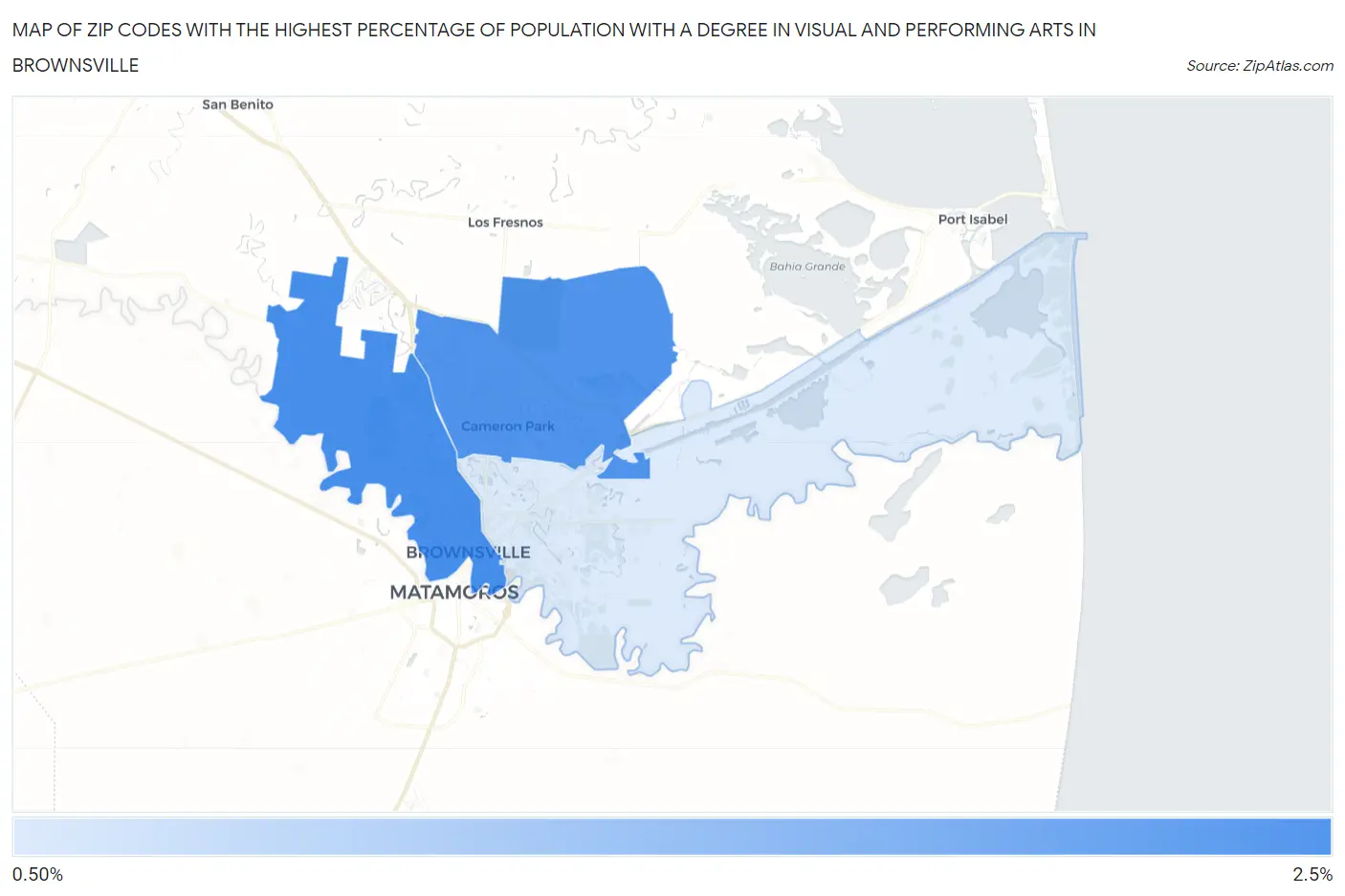 Zip Codes with the Highest Percentage of Population with a Degree in Visual and Performing Arts in Brownsville Map