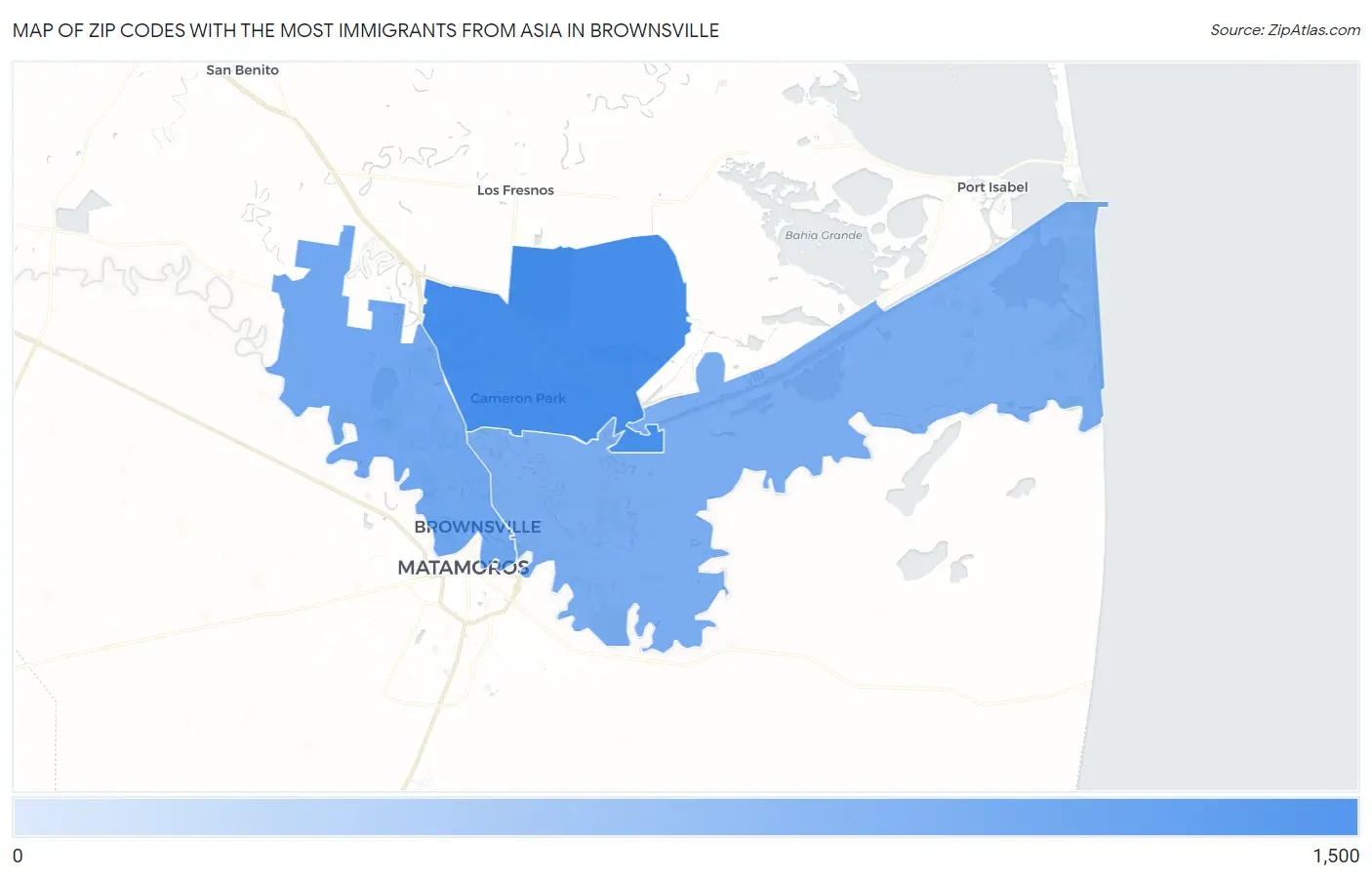 Zip Codes with the Most Immigrants from Asia in Brownsville Map
