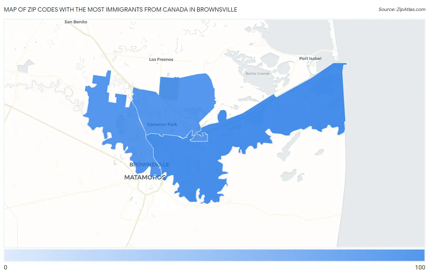 Zip Codes with the Most Immigrants from Canada in Brownsville Map