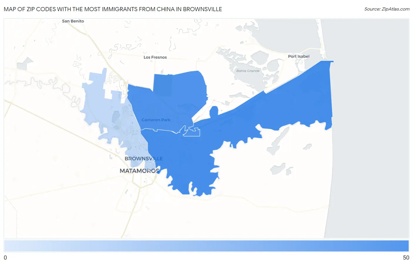 Zip Codes with the Most Immigrants from China in Brownsville Map