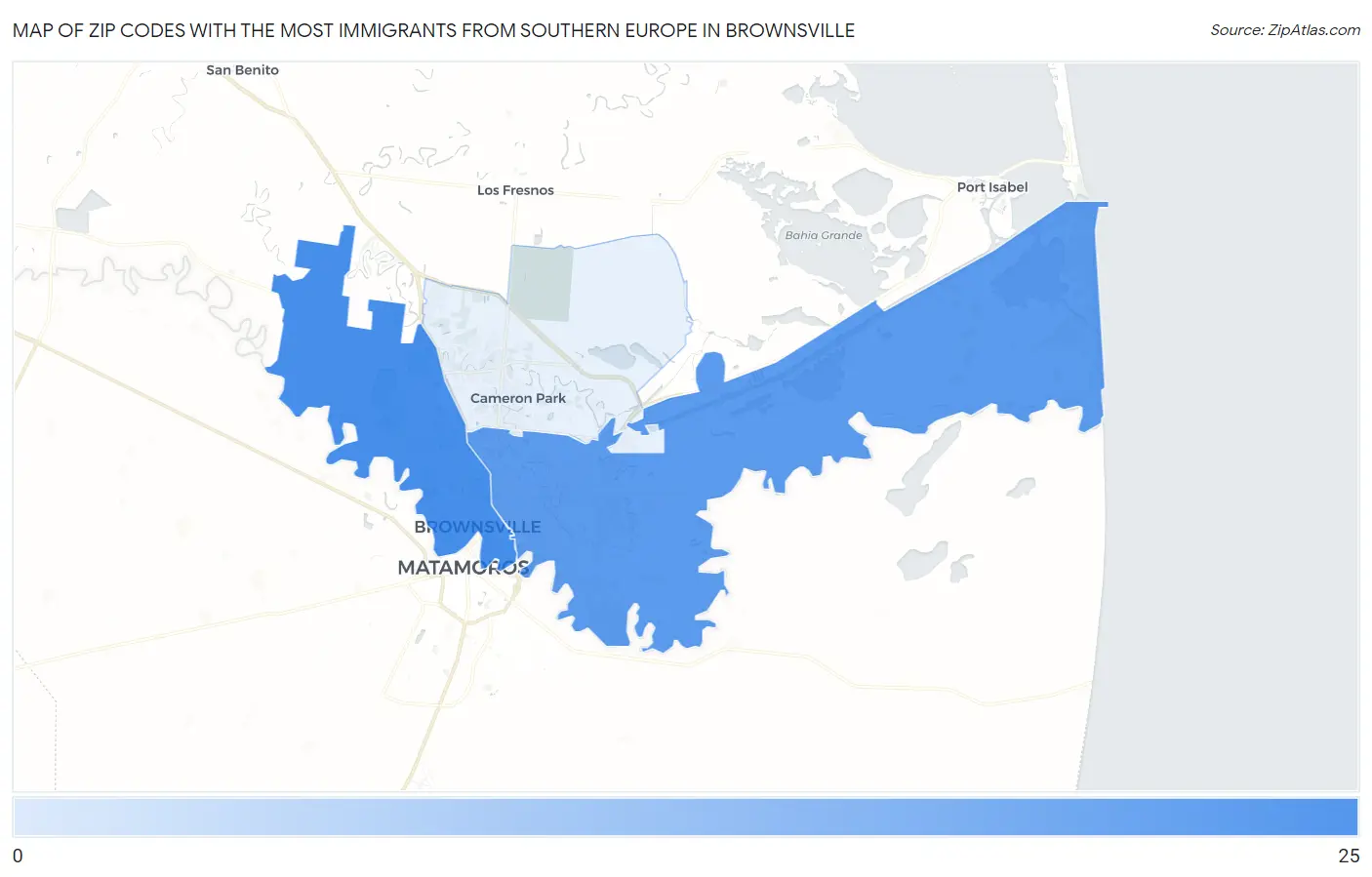 Zip Codes with the Most Immigrants from Southern Europe in Brownsville Map