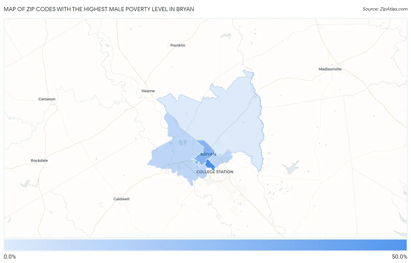 Zip Codes with the Highest Male Poverty Level in Bryan Map