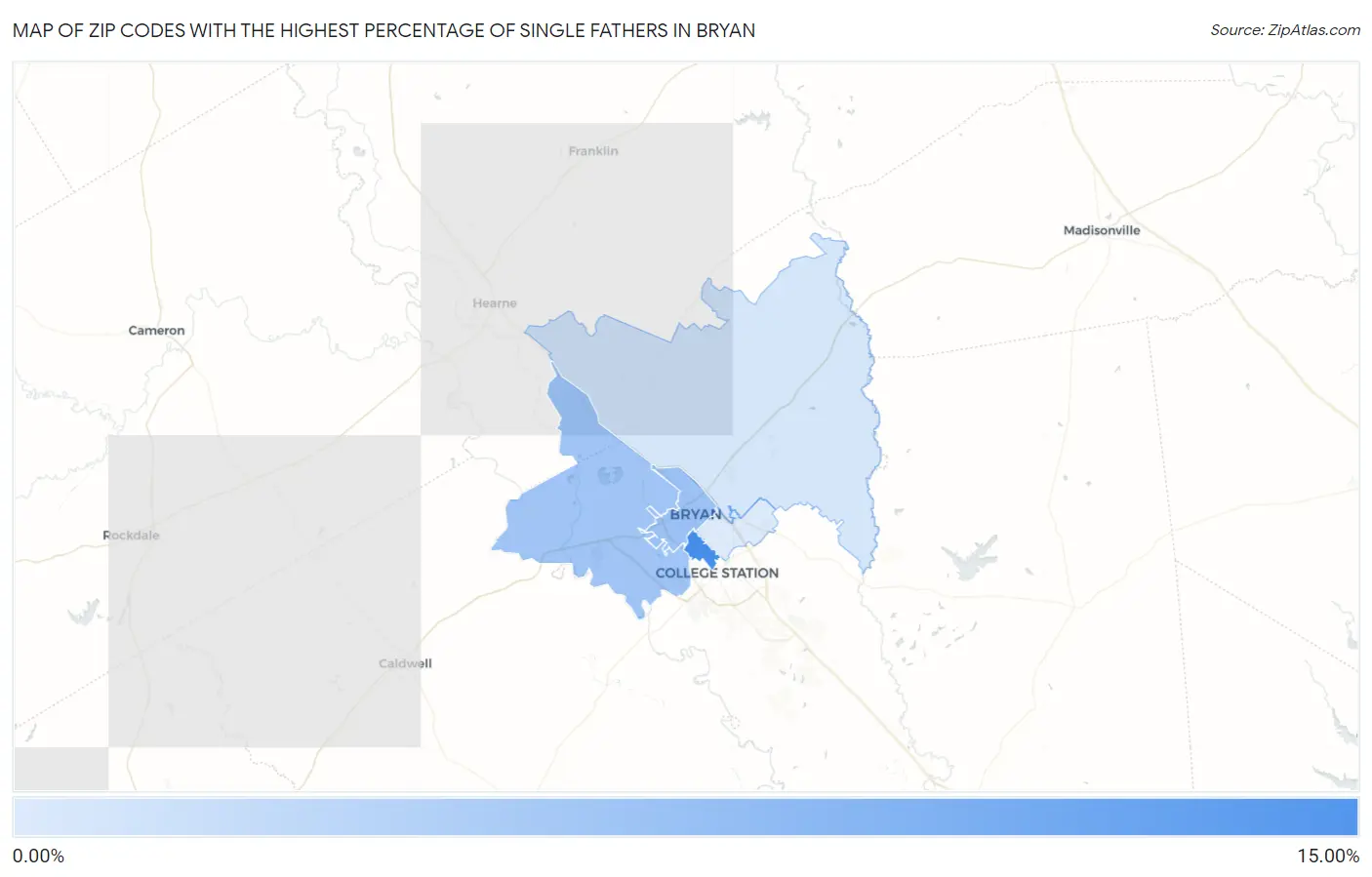Zip Codes with the Highest Percentage of Single Fathers in Bryan Map