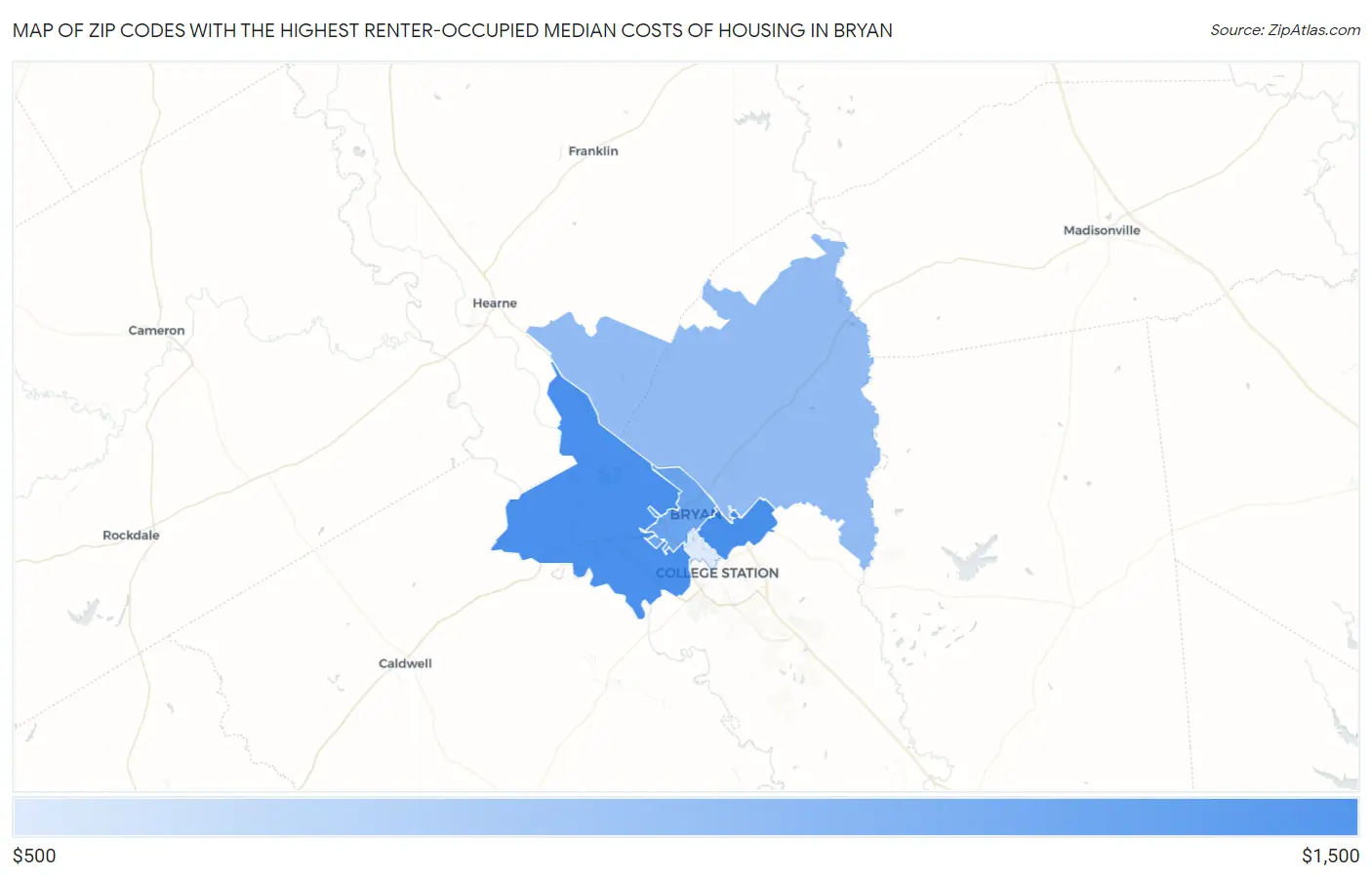 Zip Codes with the Highest Renter-Occupied Median Costs of Housing in Bryan Map