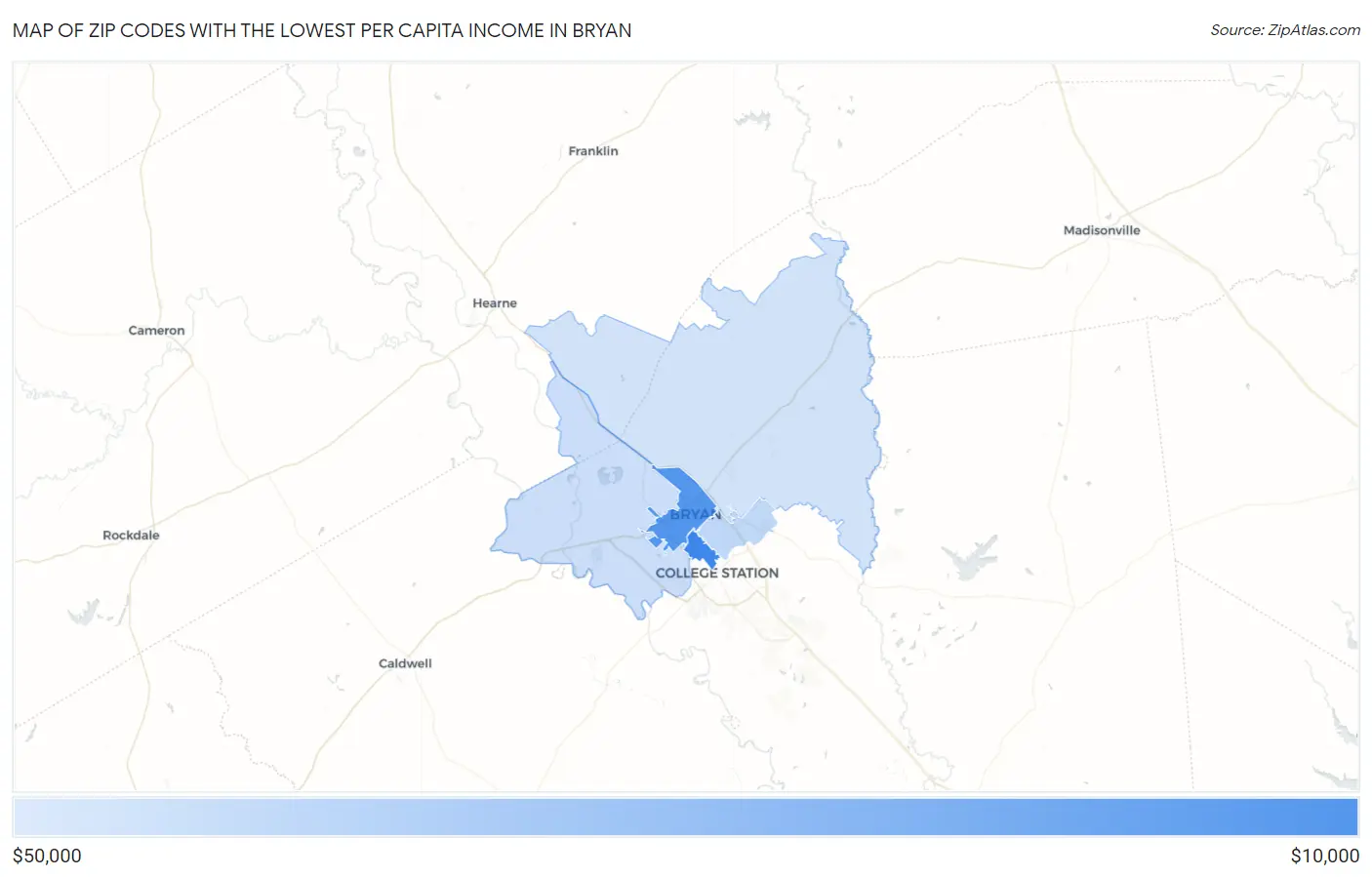 Zip Codes with the Lowest Per Capita Income in Bryan Map
