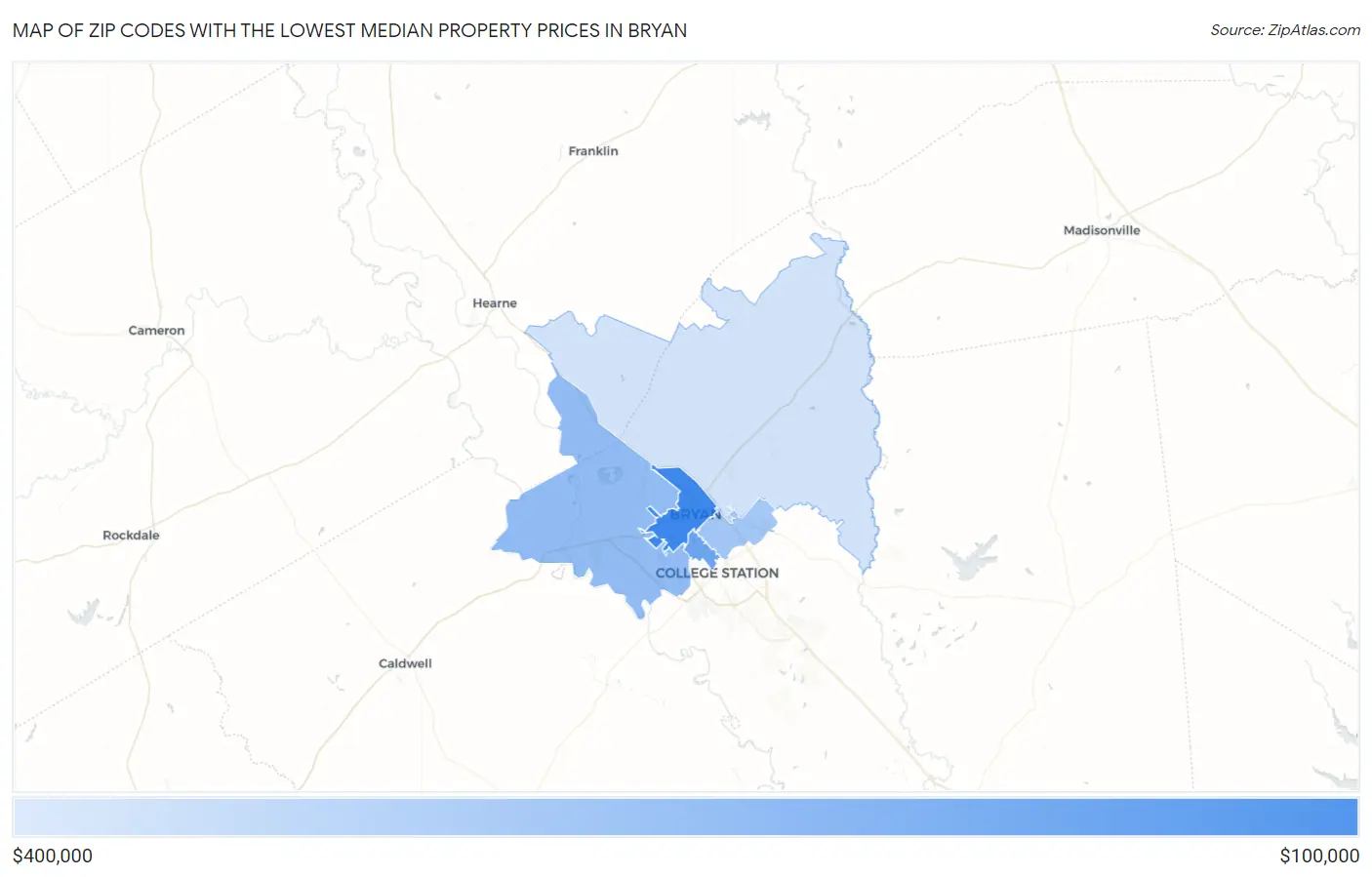 Zip Codes with the Lowest Median Property Prices in Bryan Map