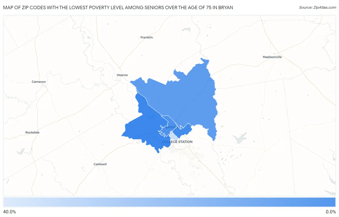 Zip Codes with the Lowest Poverty Level Among Seniors Over the Age of 75 in Bryan Map