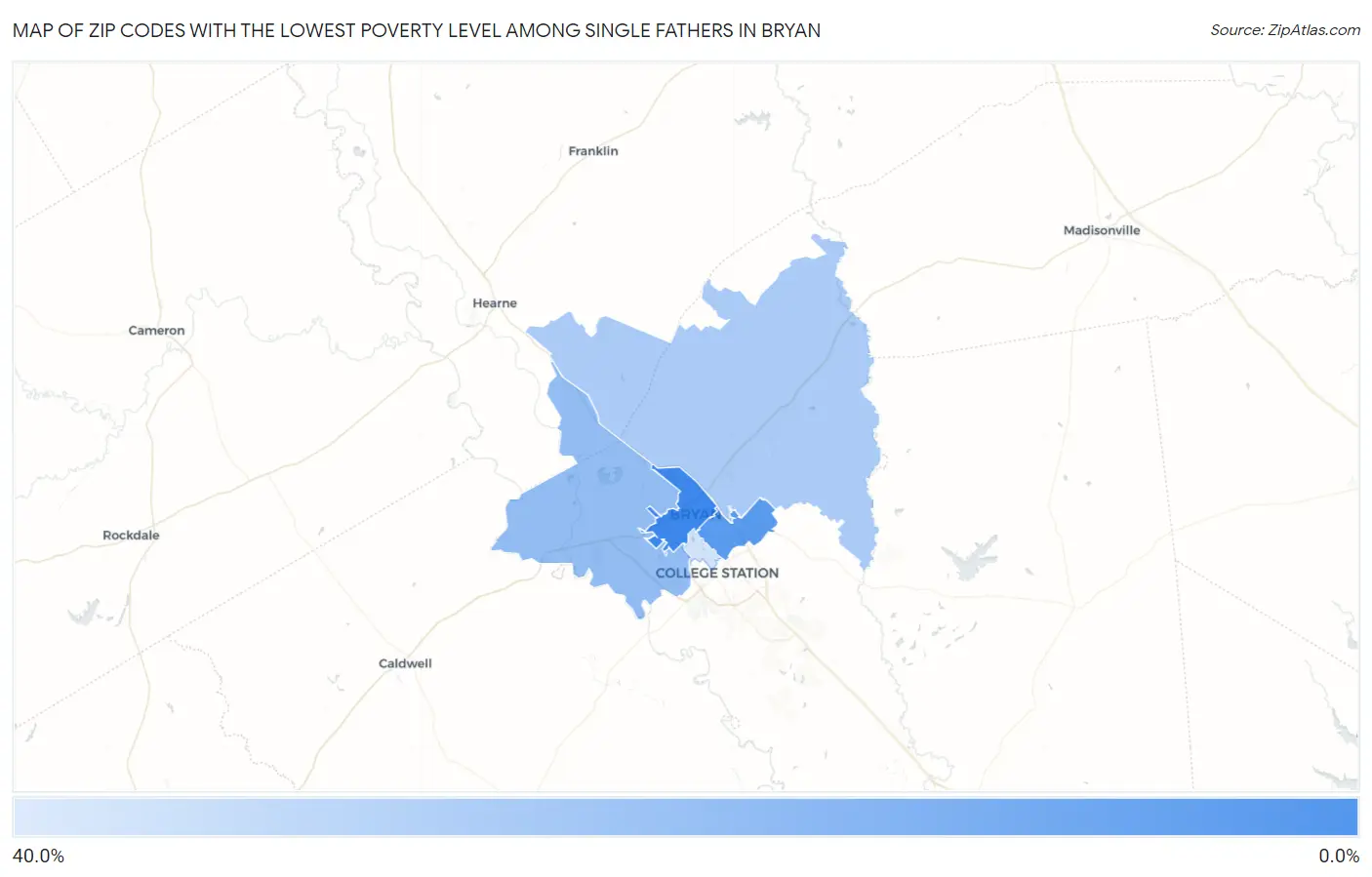 Zip Codes with the Lowest Poverty Level Among Single Fathers in Bryan Map