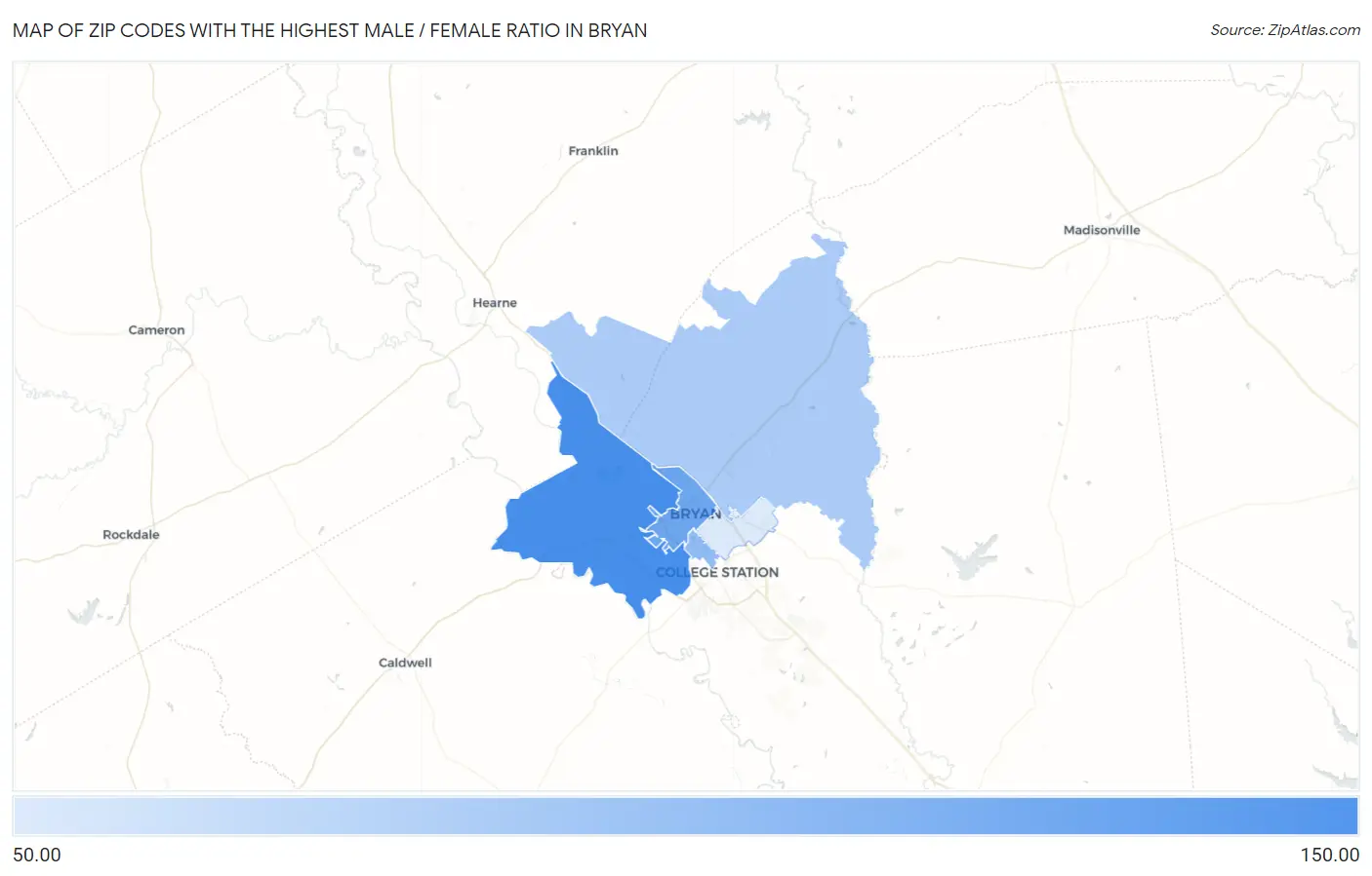Zip Codes with the Highest Male / Female Ratio in Bryan Map