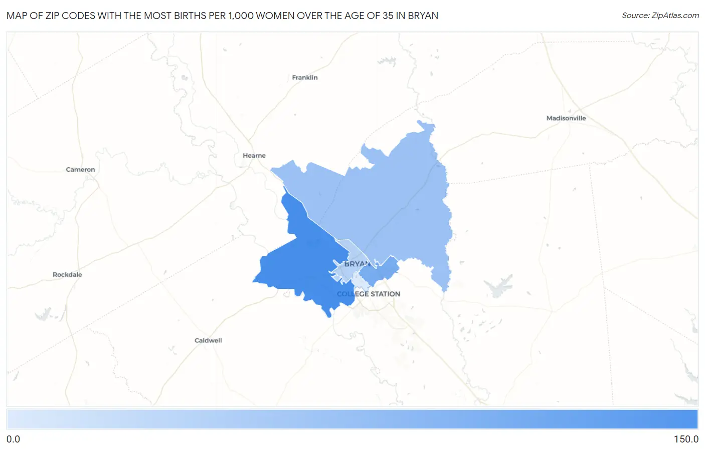 Zip Codes with the Most Births per 1,000 Women Over the Age of 35 in Bryan Map