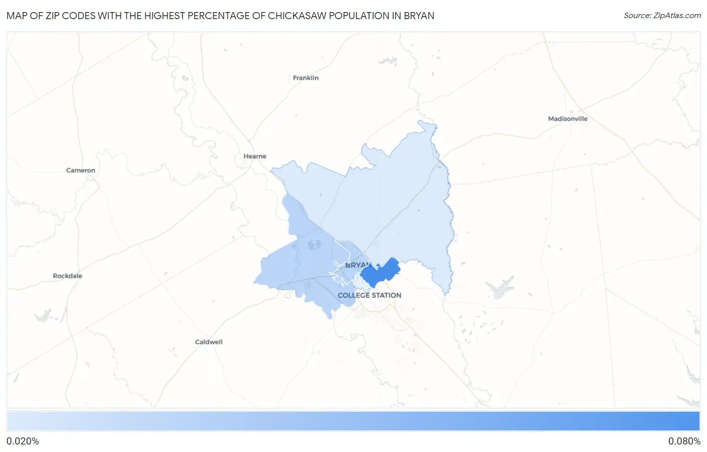 Zip Codes with the Highest Percentage of Chickasaw Population in Bryan Map