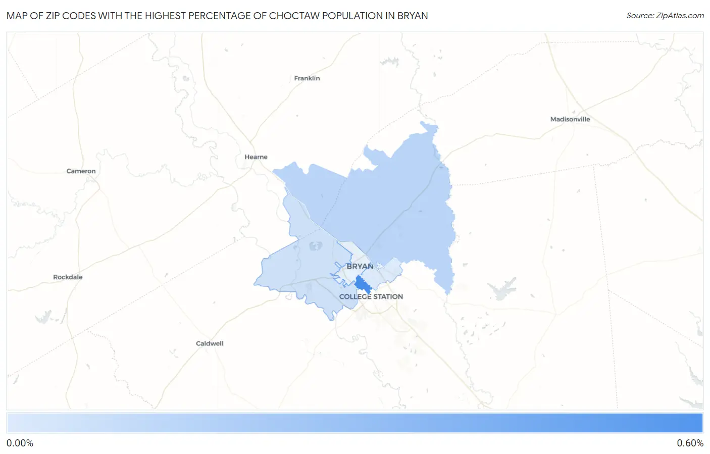 Zip Codes with the Highest Percentage of Choctaw Population in Bryan Map