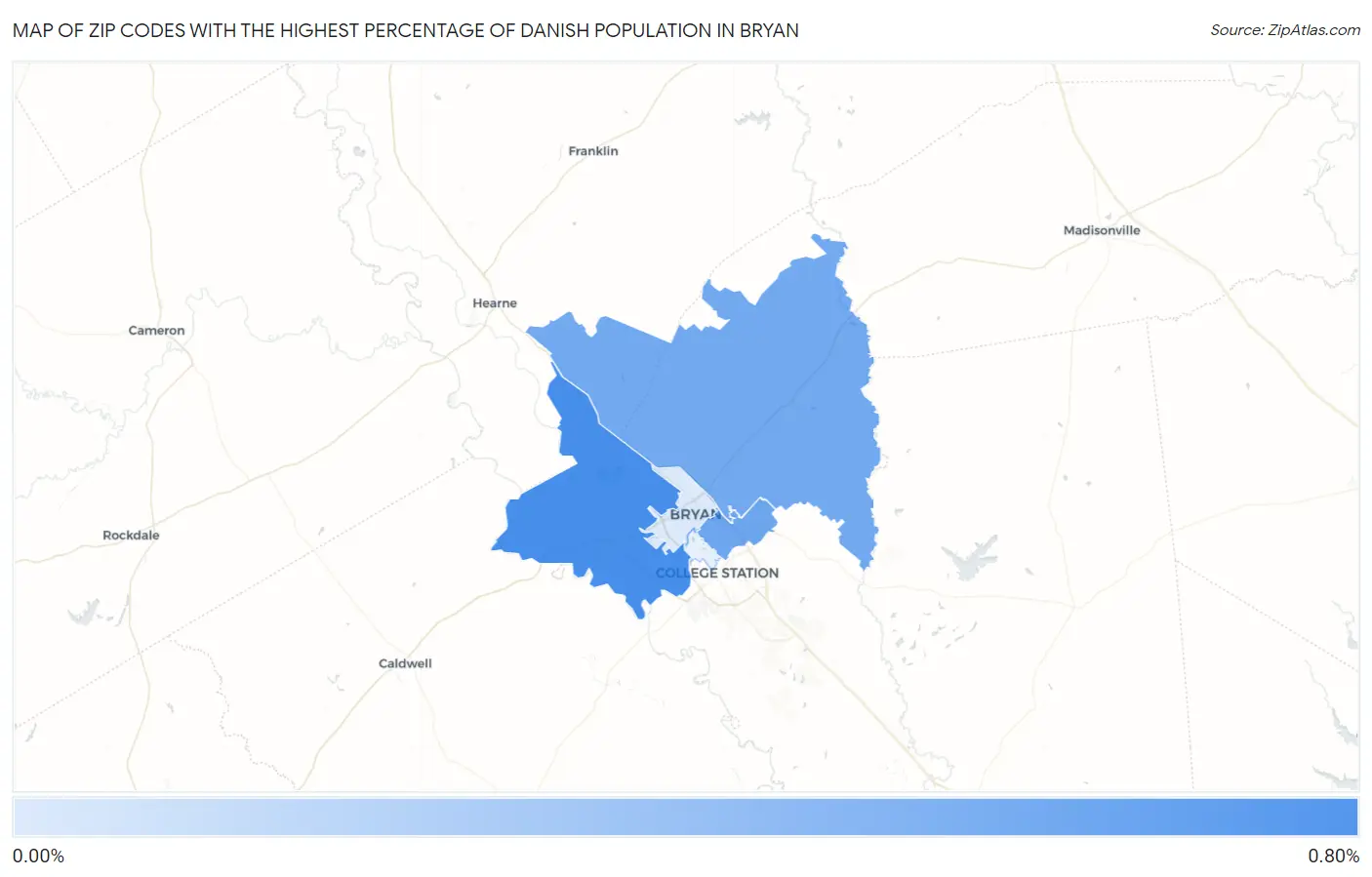 Zip Codes with the Highest Percentage of Danish Population in Bryan Map