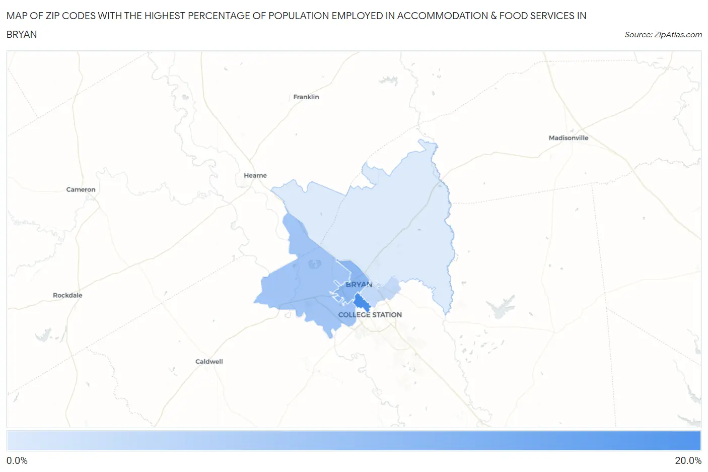 Zip Codes with the Highest Percentage of Population Employed in Accommodation & Food Services in Bryan Map