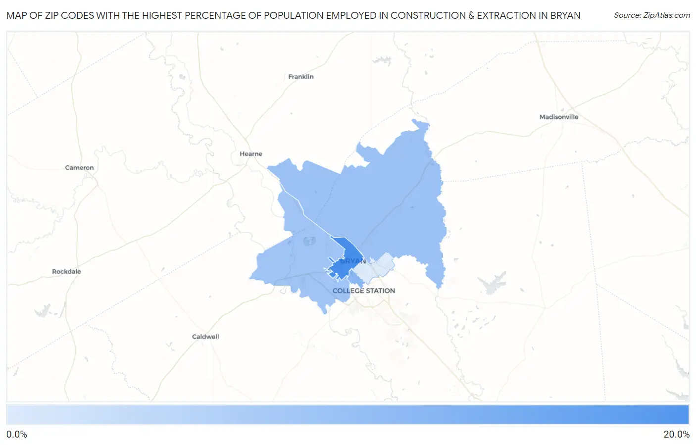 Zip Codes with the Highest Percentage of Population Employed in Construction & Extraction in Bryan Map